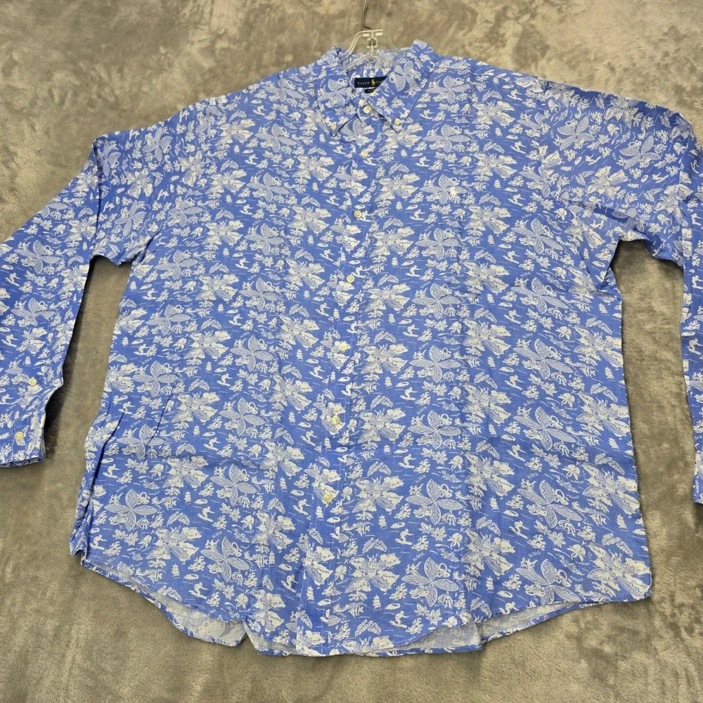Ralph Lauren Button Down Shirt Mens XXL Blue White Linen Hawaiian Aloha Classic